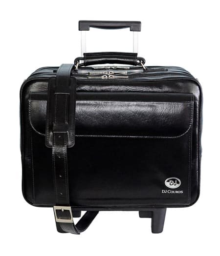 Bolsa propagandista com 3 divisões em couro legítimo, bolso frontal, com tampa e com rodinhas e protetor